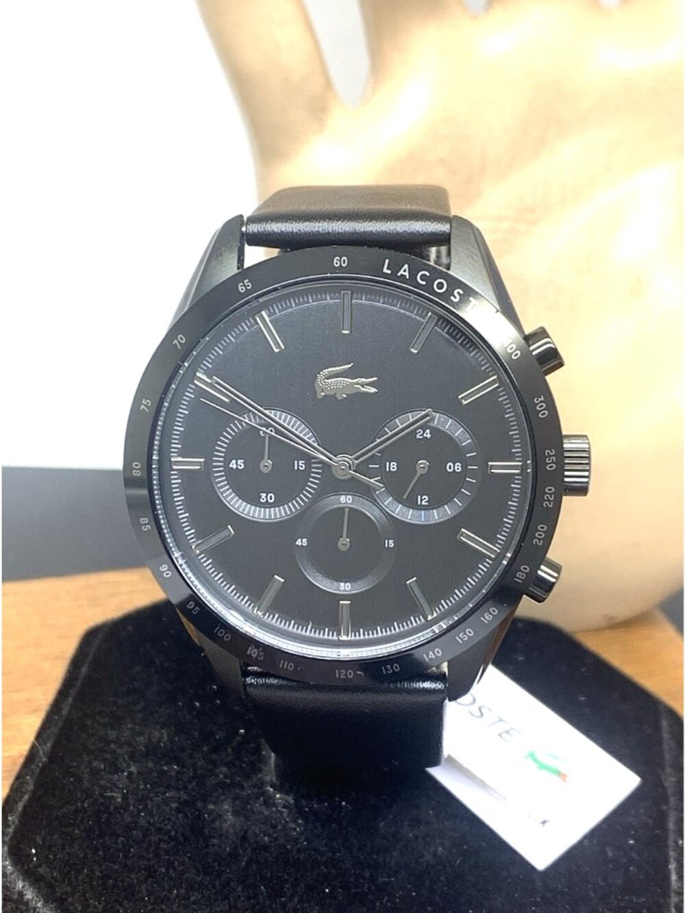 Lacoste Men's Watch 2011162 Quartz Chronograph Black Dial Leather Band 42mm